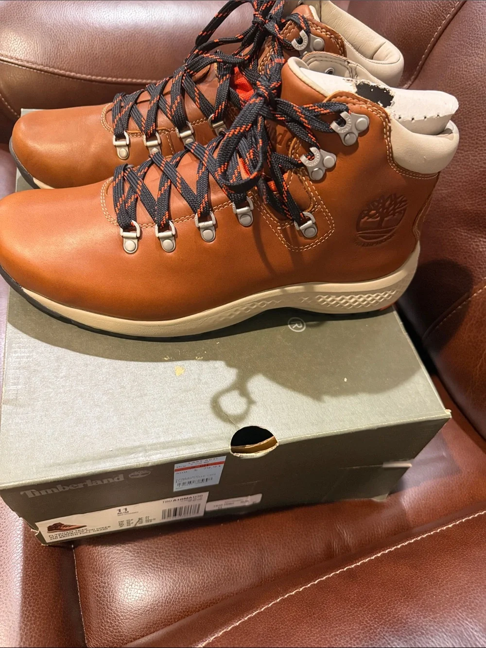 Timberland Men's Chestnut Leather Hiking Boots with Black & Orange Laces